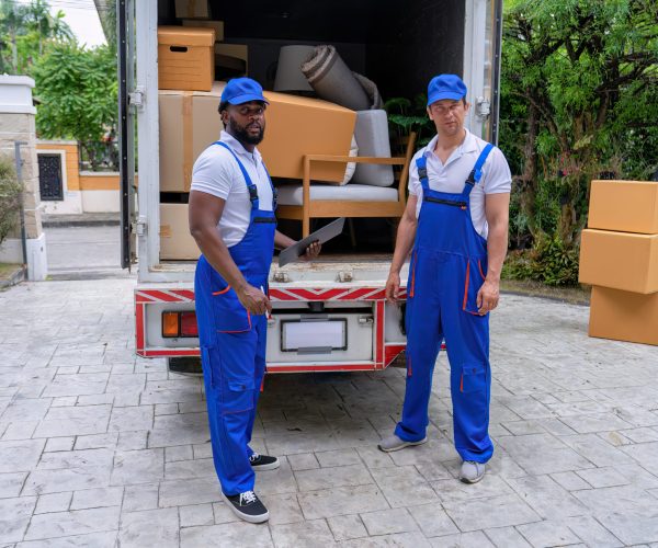 Professional goods move service use truck carry personal belongings door to door transport delivery drive truck to customer house and reverse parking open truck container door